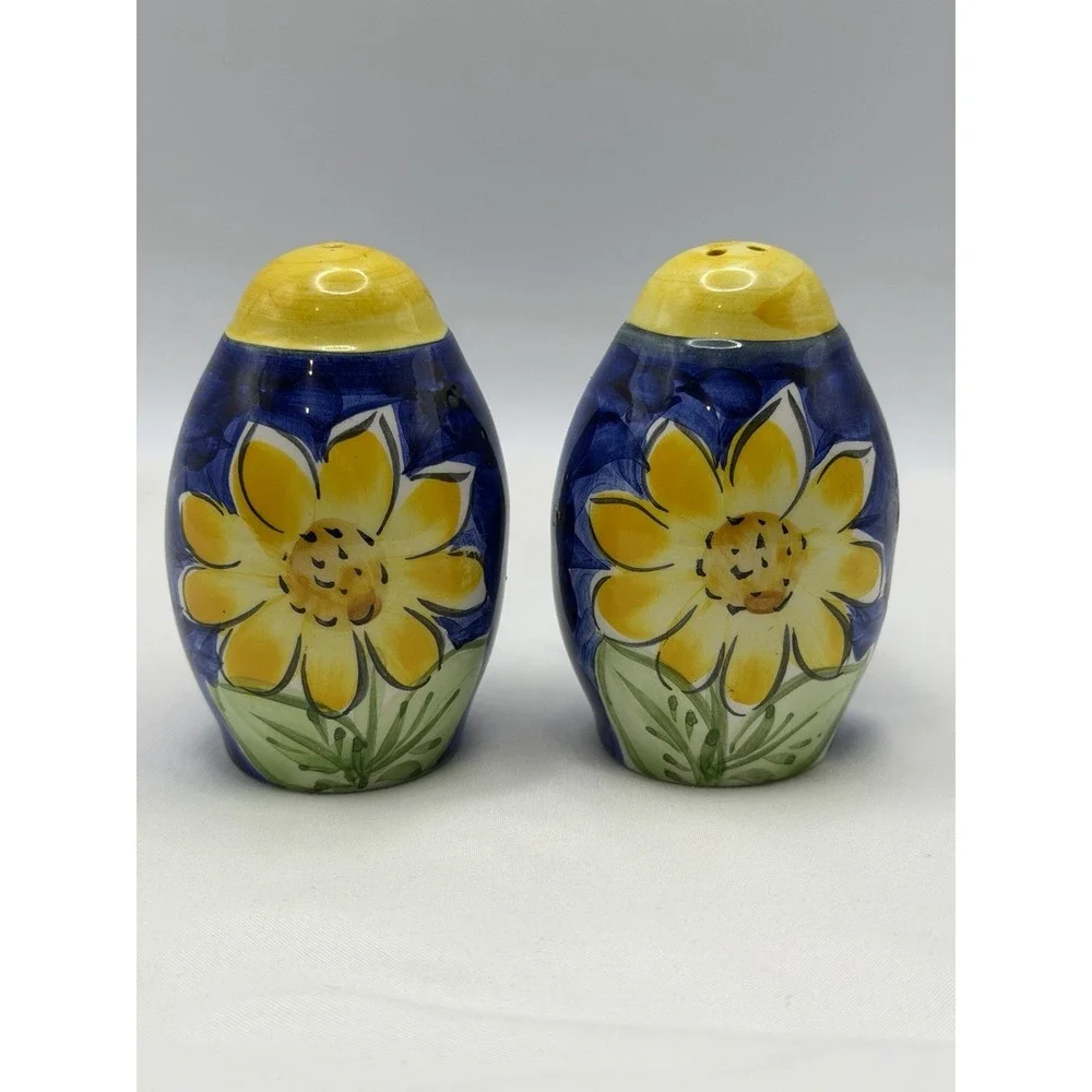 Salt and Pepper Shakers Royal Blue Ceramic w/ Yellow Sunflowers